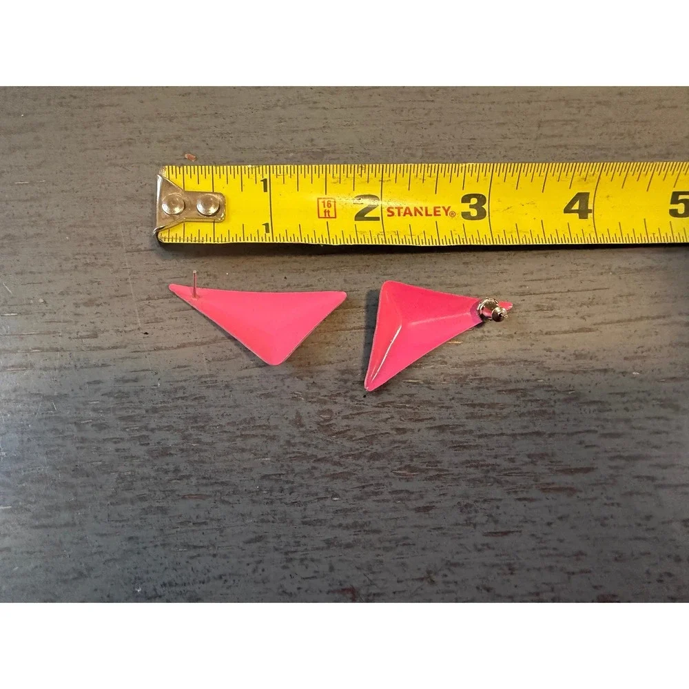 Vintage 80s Pink Enamel Geometric Triangle Post Earrings Retro Costume Jewelry